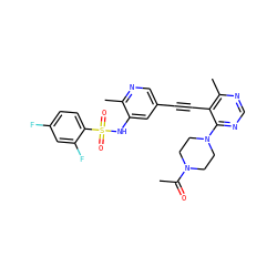 CC(=O)N1CCN(c2ncnc(C)c2C#Cc2cnc(C)c(NS(=O)(=O)c3ccc(F)cc3F)c2)CC1 ZINC000149142312
