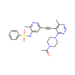 CC(=O)N1CCN(c2ncnc(C)c2C#Cc2cnc(C)c(NS(=O)(=O)c3ccccc3)c2)CC1 ZINC000169697512