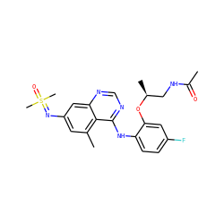 CC(=O)NC[C@H](C)Oc1cc(F)ccc1Nc1ncnc2cc(N=S(C)(C)=O)cc(C)c12 ZINC001772621201