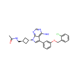 CC(=O)NC[C@H]1C[C@H](n2cc(-c3cccc(OCc4ccccc4Cl)c3)c3c(N)ncnc32)C1 ZINC001772603233