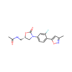 CC(=O)NC[C@H]1CN(c2ccc(-c3cc(C)no3)c(F)c2)C(=O)O1 ZINC000003981621