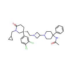 CC(=O)NC1(c2ccccc2)CCN(C2CN(CC[C@@]3(c4ccc(Cl)c(Cl)c4)CCC(=O)N(CC4CC4)C3)C2)CC1 ZINC000027621302