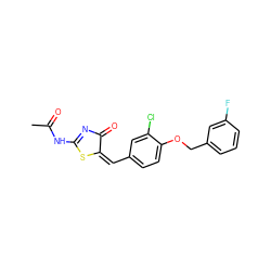 CC(=O)NC1=NC(=O)/C(=C\c2ccc(OCc3cccc(F)c3)c(Cl)c2)S1 ZINC000005850944