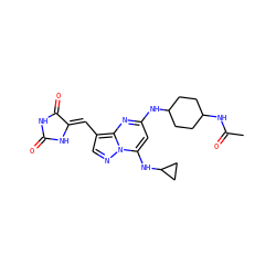 CC(=O)NC1CCC(Nc2cc(NC3CC3)n3ncc(/C=C4\NC(=O)NC4=O)c3n2)CC1 ZINC000117844003