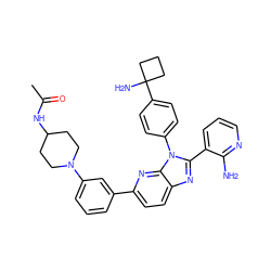 CC(=O)NC1CCN(c2cccc(-c3ccc4nc(-c5cccnc5N)n(-c5ccc(C6(N)CCC6)cc5)c4n3)c2)CC1 ZINC000169697642