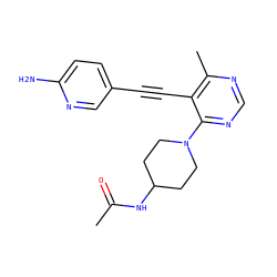 CC(=O)NC1CCN(c2ncnc(C)c2C#Cc2ccc(N)nc2)CC1 ZINC000149426007