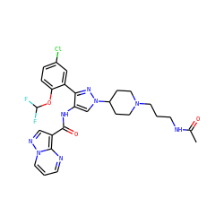 CC(=O)NCCCN1CCC(n2cc(NC(=O)c3cnn4cccnc34)c(-c3cc(Cl)ccc3OC(F)F)n2)CC1 ZINC001772573209