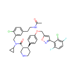CC(=O)NCCc1ccc(Cl)c(CN(C(=O)[C@H]2CNCC[C@@H]2c2ccc(OCc3cc(-c4c(F)ccc(F)c4Cl)no3)cc2)C2CC2)c1 ZINC000072148950