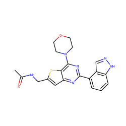 CC(=O)NCc1cc2nc(-c3cccc4[nH]ncc34)nc(N3CCOCC3)c2s1 ZINC000049053231