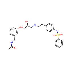 CC(=O)NCc1cccc(OC[C@@H](O)CNCCc2ccc(NS(=O)(=O)c3ccccc3)cc2)c1 ZINC000003923776