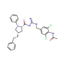 CC(=O)Nc1c(Cl)cc(CNC(=N)NC(=O)[C@@H]2C[C@H](OCc3ccccc3)CN2c2ccccc2)cc1Cl ZINC000473154354