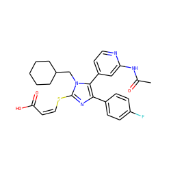 CC(=O)Nc1cc(-c2c(-c3ccc(F)cc3)nc(S/C=C\C(=O)O)n2CC2CCCCC2)ccn1 ZINC000299871781