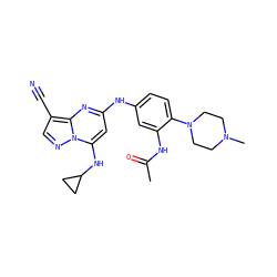 CC(=O)Nc1cc(Nc2cc(NC3CC3)n3ncc(C#N)c3n2)ccc1N1CCN(C)CC1 ZINC000653840723