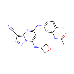 CC(=O)Nc1cc(Nc2cc(NC3COC3)n3ncc(C#N)c3n2)ccc1Cl ZINC000096921702