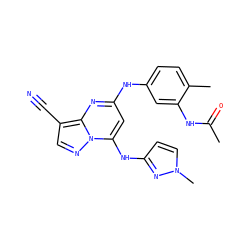 CC(=O)Nc1cc(Nc2cc(Nc3ccn(C)n3)n3ncc(C#N)c3n2)ccc1C ZINC000096921692