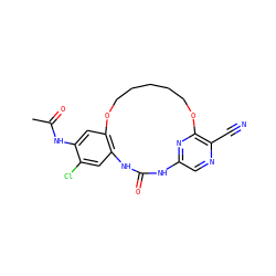CC(=O)Nc1cc2c(cc1Cl)NC(=O)Nc1cnc(C#N)c(n1)OCCCCCO2 ZINC000014958299