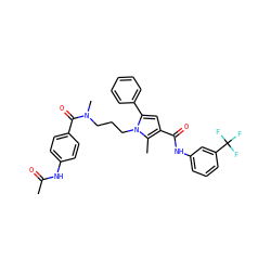 CC(=O)Nc1ccc(C(=O)N(C)CCCn2c(-c3ccccc3)cc(C(=O)Nc3cccc(C(F)(F)F)c3)c2C)cc1 ZINC000221029033