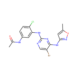 CC(=O)Nc1ccc(Cl)c(Nc2ncc(Br)c(Nc3cc(C)on3)n2)c1 ZINC000035861613
