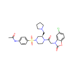 CC(=O)Nc1ccc(S(=O)(=O)N2CCN(C(=O)Cn3c(=O)oc4ccc(Cl)cc43)[C@H](CN3CCCC3)C2)cc1 ZINC000042920148