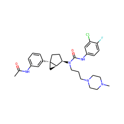 CC(=O)Nc1cccc([C@]23CC[C@@H](N(CCCN4CCN(C)CC4)C(=O)Nc4ccc(F)c(Cl)c4)[C@H]2C3)c1 ZINC000036351507