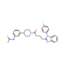 CC(=O)Nc1cccc(C2CCN(C(=O)CCCc3nc4ccccc4n3-c3ccc(F)cc3)CC2)c1 ZINC000058591027