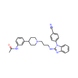 CC(=O)Nc1cccc(C2CCN(CCCNc3nc4ccccc4n3-c3ccc(C#N)cc3)CC2)c1 ZINC000043103915