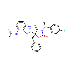 CC(=O)Nc1cccc2nc([C@@]3(Cc4ccccc4)OC(=O)N([C@H](C)c4ccc(F)cc4)C3=O)[nH]c12 ZINC000473137059
