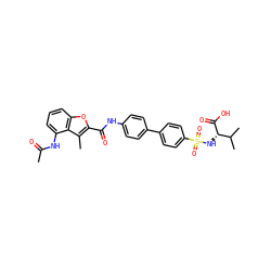 CC(=O)Nc1cccc2oc(C(=O)Nc3ccc(-c4ccc(S(=O)(=O)N[C@H](C(=O)O)C(C)C)cc4)cc3)c(C)c12 ZINC000043012178