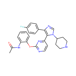CC(=O)Nc1ccccc1Oc1nccc(-c2c(-c3ccc(F)cc3)ncn2C2CCNCC2)n1 ZINC000034000306
