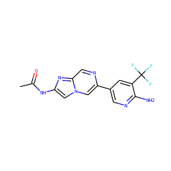CC(=O)Nc1cn2cc(-c3cnc(N)c(C(F)(F)F)c3)ncc2n1 ZINC000096283492