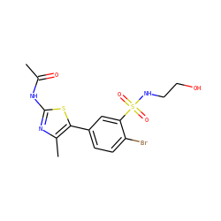 CC(=O)Nc1nc(C)c(-c2ccc(Br)c(S(=O)(=O)NCCO)c2)s1 ZINC000653727841