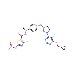 CC(=O)Nc1nc(C)c(C(=O)N[C@@H](C)c2ccc(O[C@@H]3CCN(c4ncnc(OCC5CC5)c4F)C3)cc2)s1 ZINC000218549708