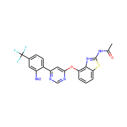 CC(=O)Nc1nc2c(Oc3cc(-c4ccc(C(F)(F)F)cc4N)ncn3)cccc2s1 ZINC000040954999