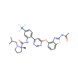CC(=O)Nc1nc2c(Oc3cc(-c4ccc(C(F)(F)F)cc4NC(=O)[C@]4(C)CCCN4CC(C)C)ncn3)cccc2s1 ZINC000044305185
