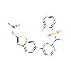 CC(=O)Nc1nc2ccc(-c3ccnc(N(C)S(=O)(=O)c4ccccc4F)n3)cc2s1 ZINC000071316447