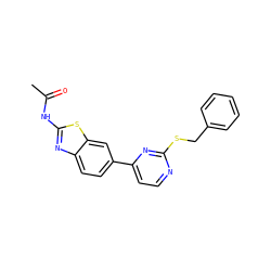 CC(=O)Nc1nc2ccc(-c3ccnc(SCc4ccccc4)n3)cc2s1 ZINC000071329703