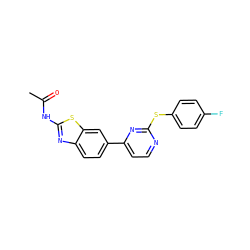 CC(=O)Nc1nc2ccc(-c3ccnc(Sc4ccc(F)cc4)n3)cc2s1 ZINC000071329761