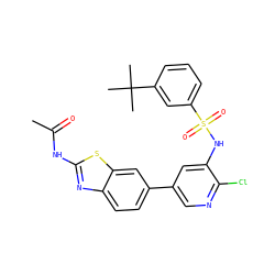 CC(=O)Nc1nc2ccc(-c3cnc(Cl)c(NS(=O)(=O)c4cccc(C(C)(C)C)c4)c3)cc2s1 ZINC000071318639