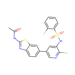 CC(=O)Nc1nc2ccc(-c3cnc(Cl)c(NS(=O)(=O)c4ccccc4F)c3)cc2s1 ZINC000071330105