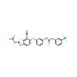 CC(=O)Nc1nc2ccc(Oc3cccc(NC(=O)Cc4cccc(C(F)(F)F)c4)c3)c(C#N)c2s1 ZINC000114657578