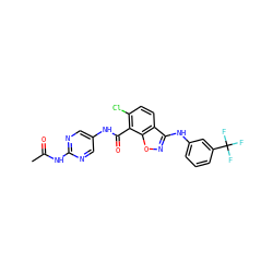 CC(=O)Nc1ncc(NC(=O)c2c(Cl)ccc3c(Nc4cccc(C(F)(F)F)c4)noc23)cn1 ZINC000045496751