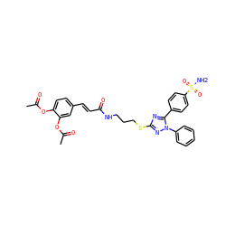 CC(=O)Oc1ccc(/C=C/C(=O)NCCCSc2nc(-c3ccc(S(N)(=O)=O)cc3)n(-c3ccccc3)n2)cc1OC(C)=O ZINC000653791970