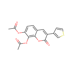 CC(=O)Oc1ccc2cc(-c3ccsc3)c(=O)oc2c1OC(C)=O ZINC000653894999