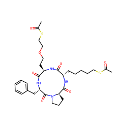 CC(=O)SCCCCC[C@@H]1NC(=O)[C@H]2CCCN2C(=O)[C@H](Cc2ccccc2)NC(=O)[C@@H](CCOCCSC(C)=O)NC1=O ZINC000095573134