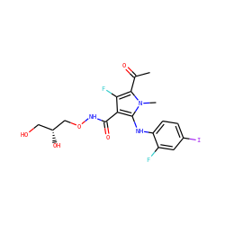 CC(=O)c1c(F)c(C(=O)NOC[C@H](O)CO)c(Nc2ccc(I)cc2F)n1C ZINC000053294190