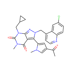 CC(=O)c1cc(-c2c3c(=O)n(C)c(=O)n(CC4CC4)c3nn2Cc2ccnc3ccc(Cl)cc23)n(C)c1 ZINC000084740462