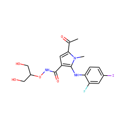 CC(=O)c1cc(C(=O)NOC(CO)CO)c(Nc2ccc(I)cc2F)n1C ZINC000053294187