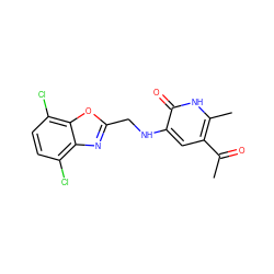 CC(=O)c1cc(NCc2nc3c(Cl)ccc(Cl)c3o2)c(=O)[nH]c1C ZINC000005891331