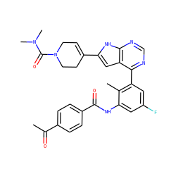 CC(=O)c1ccc(C(=O)Nc2cc(F)cc(-c3ncnc4[nH]c(C5=CCN(C(=O)N(C)C)CC5)cc34)c2C)cc1 ZINC000142927773