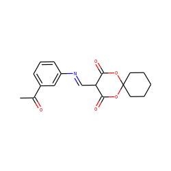 CC(=O)c1cccc(/N=C/C2C(=O)OC3(CCCCC3)OC2=O)c1 ZINC000101623158
